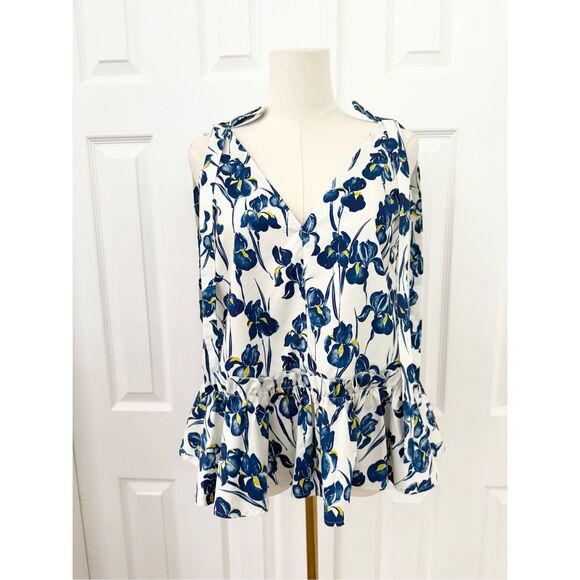 Jason Wu Shoulder Tie White Blue Iris Floral Cotton Poplin Peplum Top Size 4 NWT - Picture 1 of 6